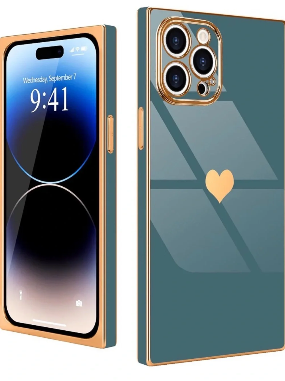 Slim Dark Green Square iPhone Case with Gold Heart and gold trim